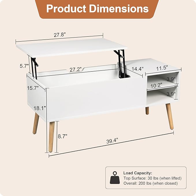 ALINE FURNITURE White Coffee Table Lift Top - Image 2