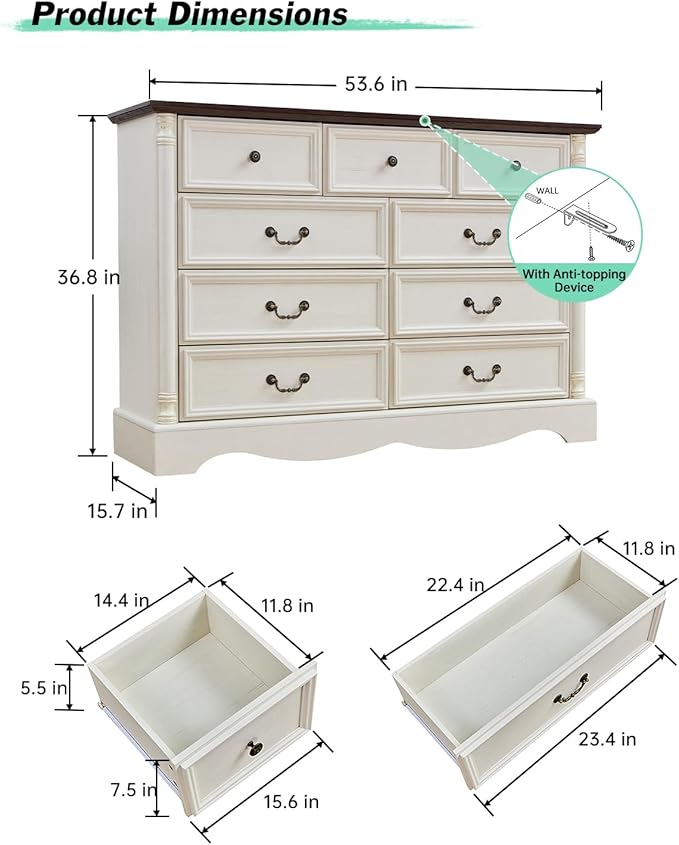 Farmhouse 9 Drawers Dresser for Bedroom - Image 2