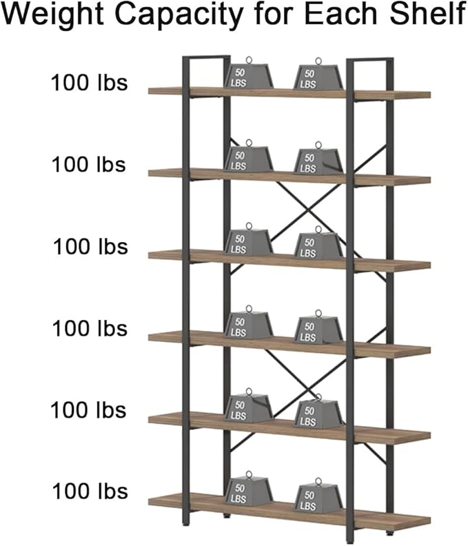 HSH Tall Bookcases and Book Shelves 6 Shelf, Metal Wooden Book Shelf and - Image 8