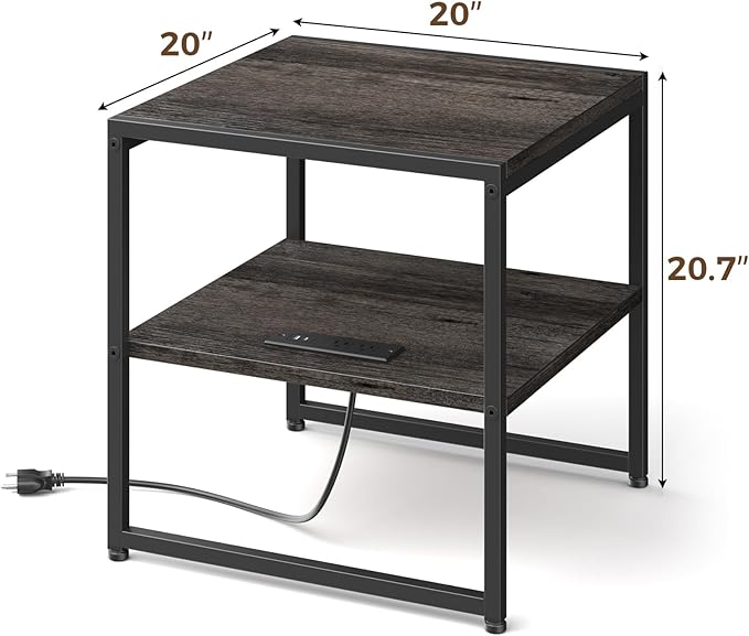Tatub 20" End Table with Charging Station, Industrial Square Side Table with - Image 3