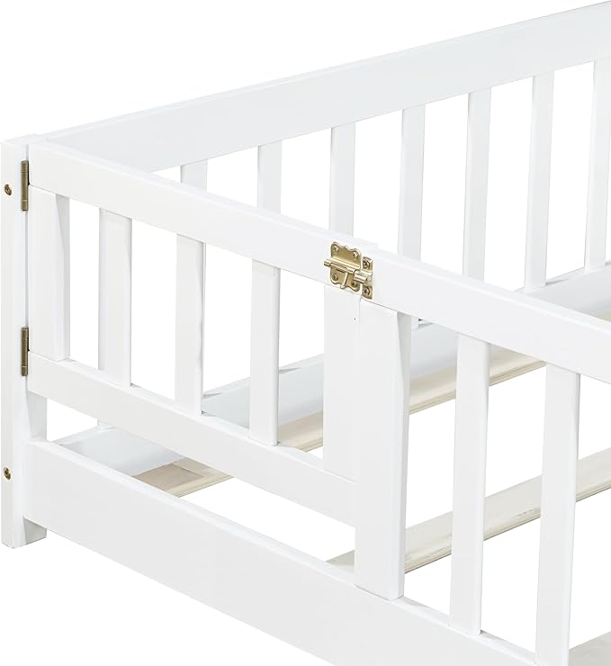 Twin Floor Bed Frame with Slats and Safety Guardrail, Wood Twin Size Montessori - Image 5