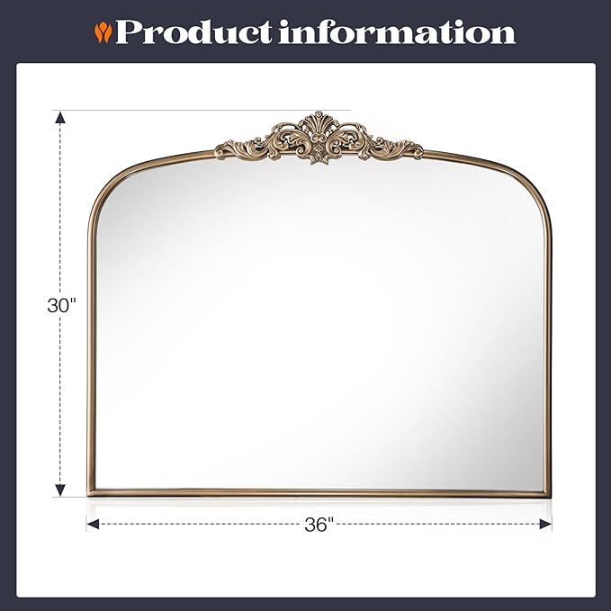 Vintage Gold Ornate Baroque Mirror, 30” x 36” Arched Antique Brass Mirrors - Image 5