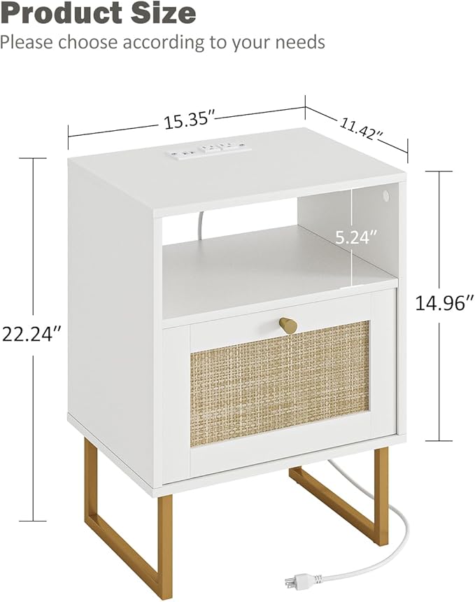Rattan Nightstand with Charging Station, Boho Night Stand Farmhouse Wood - Image 2