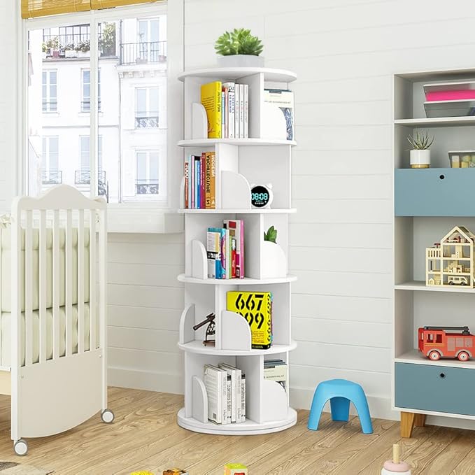 Nisorpa 5 Tier Rotating Bookshelf, 360° Revolving Bookcase Rotating Stackable - Image 8