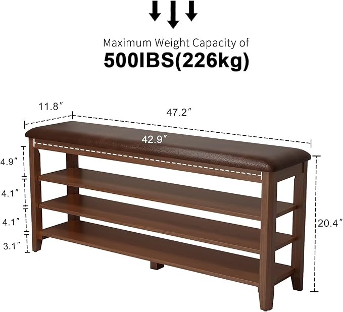 Shoe Bench with Leather Cushion, 3 Tiers Shoe Storage Bench Height Adjustable - Image 2