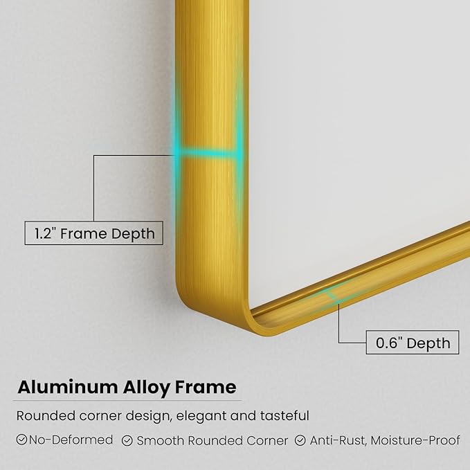 Gold Bathroom Mirror, 50x30 Inch Brushed Gold Metal Frame Mirror - Image 4