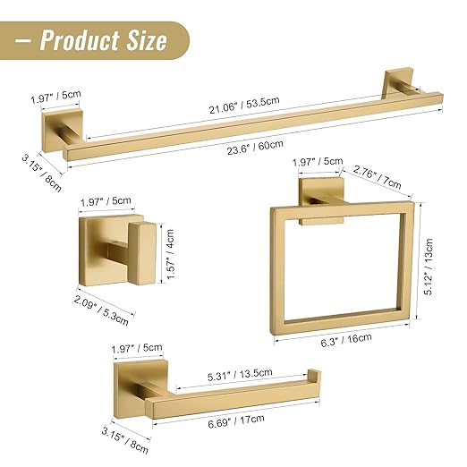 YACVCL Towel Bar Set, 5-Piece Brushed Gold Bathroom Hardware Set, SUS304 - Image 6