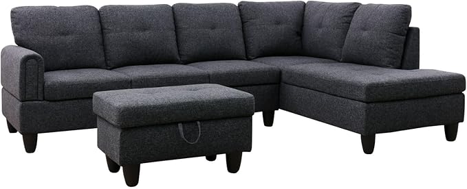 Black Grey L-Shaped 3-Piece Linen Sofa - Image 5