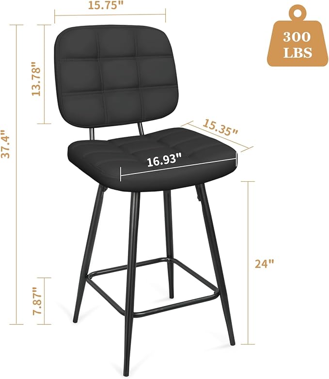 Bar Stools Set of 2, 24 Inch Upholstered Metal Barstool - Image 3