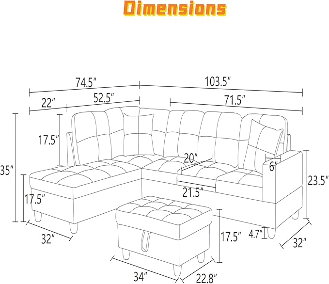 L Shaped Sectional Couch with Otttoman, Apartments - Image 2