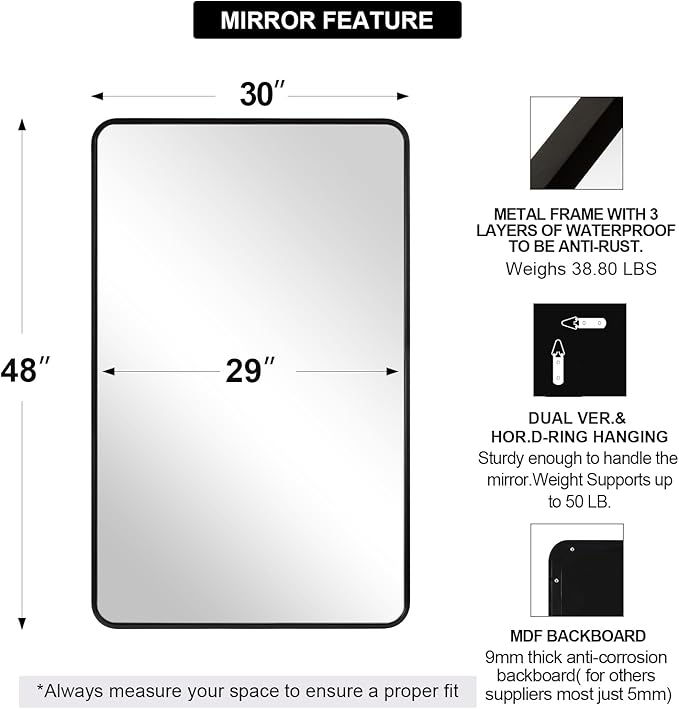 ANDY STAR 30’’x48’’ Black Bathroom Mirror, Rounded Rectangle Black Metal Framed - Image 3