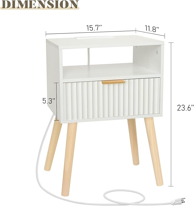 White Nightstand with Charging Station, Modern Bedside Table with Drawer and - Image 3