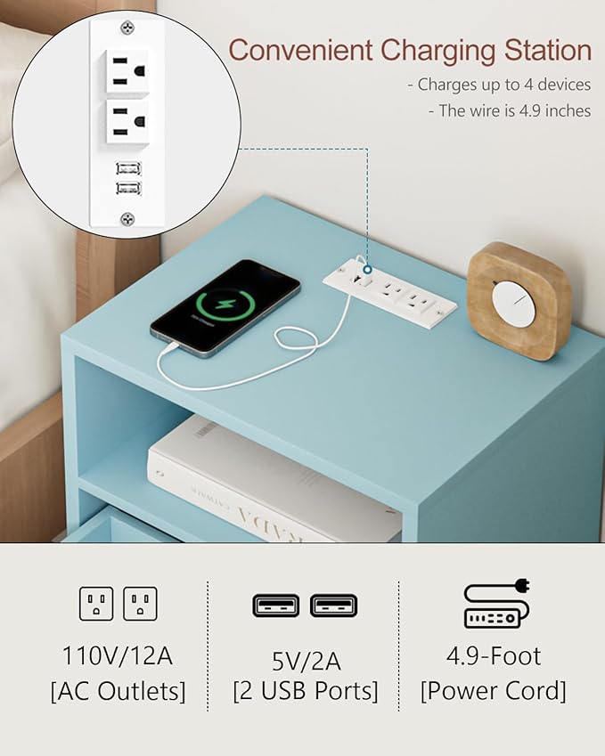 Masupu Nightstand with Charging Station, Mid-Century Modern Bedside Table with - Image 3