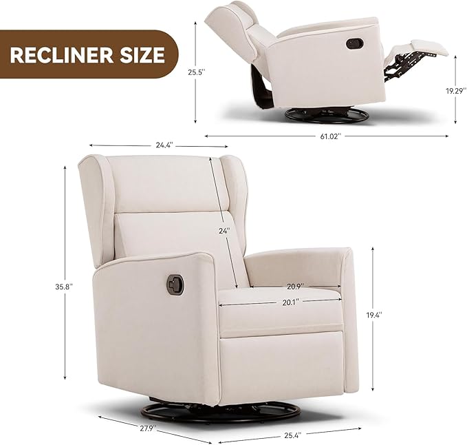 COMHOMA Rocking Recliner Chair, Swivel Glider Reclining Single Sofa Manual - Image 3