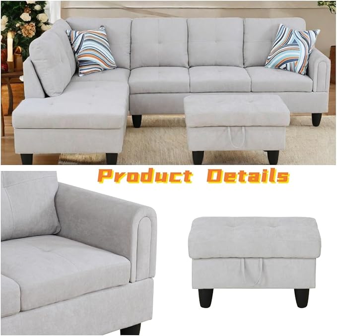 L Shaped Sectional Couch with Otttoman, Apartments, Light Grey - Image 4