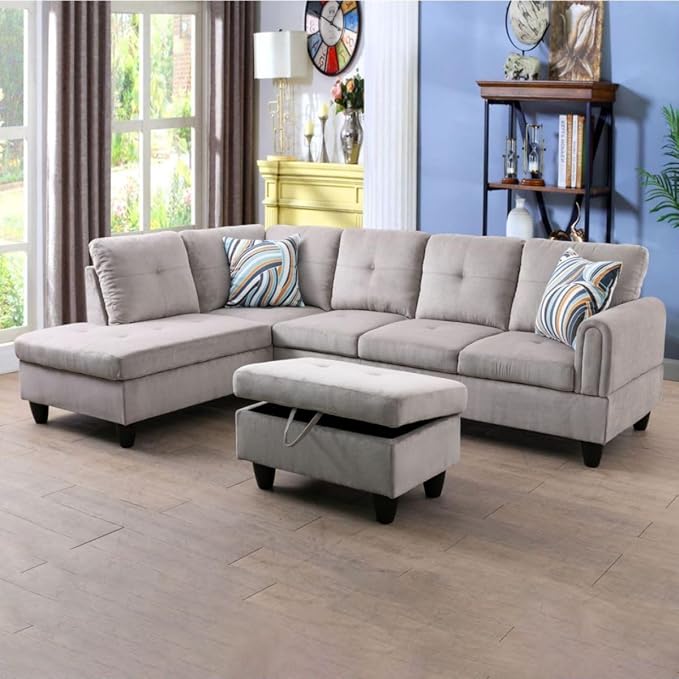 Grey White L-Shaped 3-Piece Corduroy Sofa - Image 7
