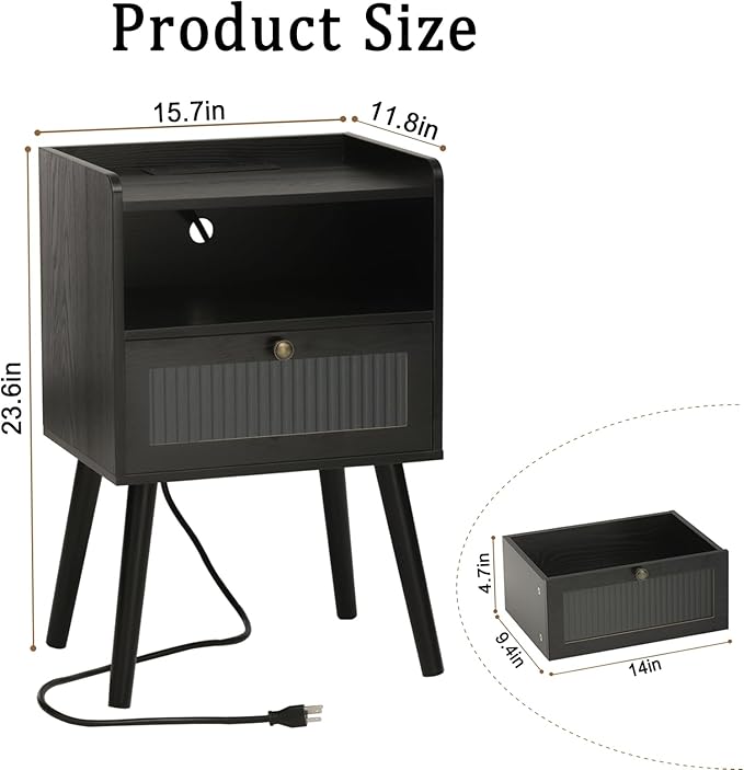 AWASEN Black Nightstand with Charging Station, Modern Bedside Table with Glass - Image 7