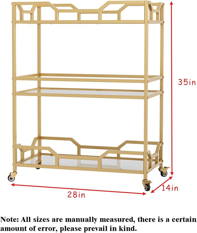 Square Gold Bar Carts with 3 Tier Storage Glass Shelves Holder Home Serving Bar - Image 3
