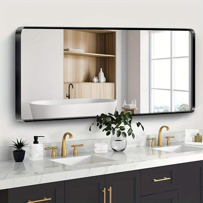 Black Bathroom Mirror 72X36 Inch, Rounded Rectangle Matte Bathroom Vanity Mirror by JISOSO