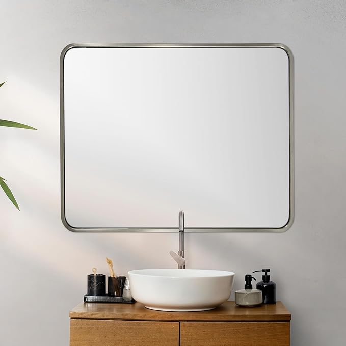 ANDY STAR 40x36 Inch Brushed Nickel Bathroom Mirror, Rounded Rectangle Bathroom - Image 9