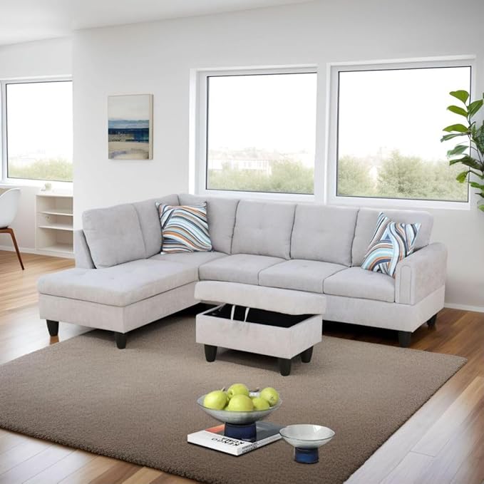 Grey White L-Shaped 3-Piece Flannel Sofa by Unknown