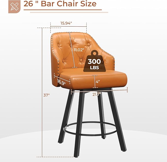 Tatub 26“ Brown Swivel Bar Stools Set of 2, Counter Height Bar Stools - Image 7