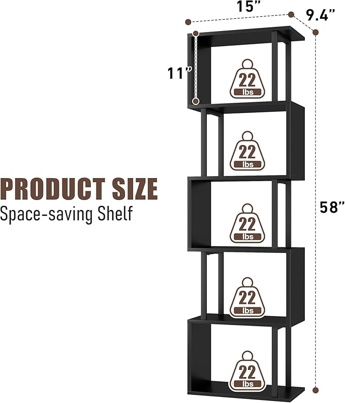 Gadroad 5-Tier Bookshelf, Tall S-Shaped Geometric Bookcase, Wood and Metal - Image 3