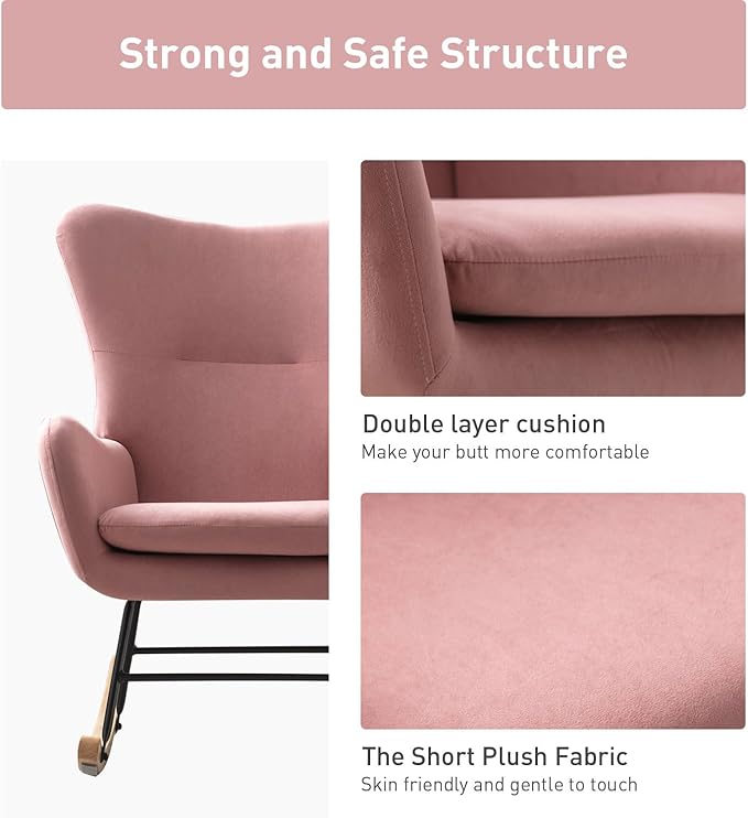Phoenix Home Rocking Chair Nursery Velvet Upholstered Glider Rocker Rocking - Image 4
