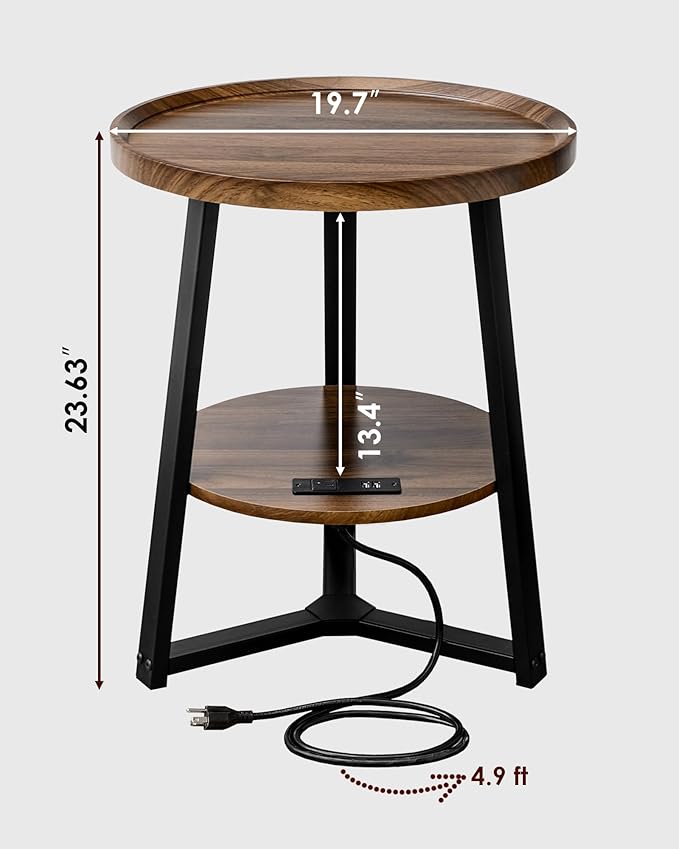 Round End Table with Charging Station, 19.7" Dia x 23.63" H, Side Table with - Image 3