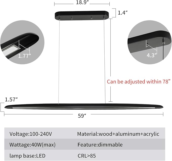 59inch Integrated Led Pendant Light 40w Dimmable Wood Black Linear Pendant - Image 7