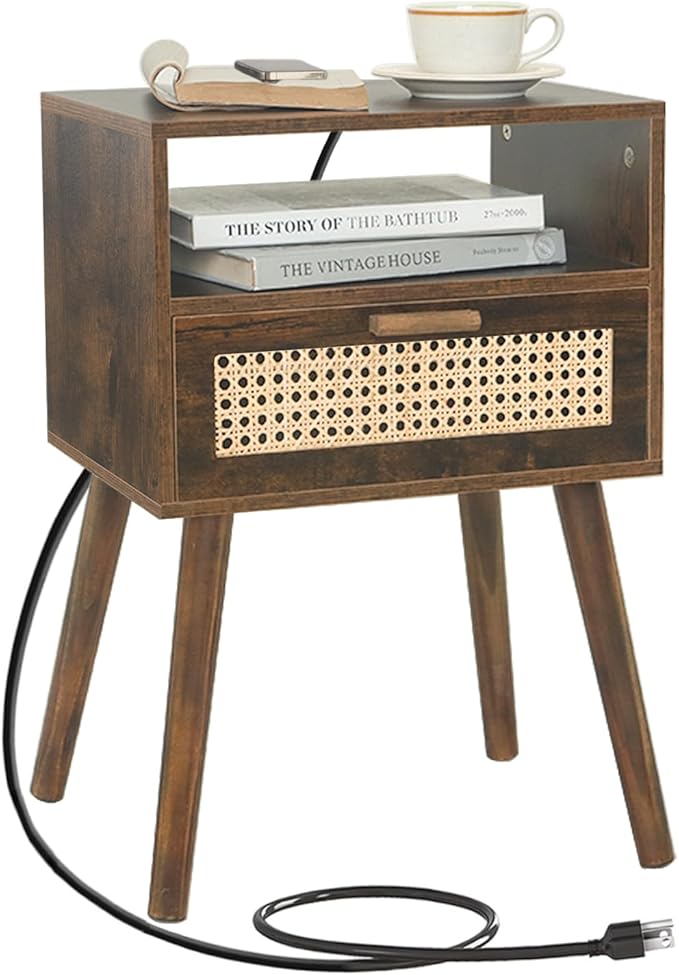 MaxSmeo Small Nightstand with Charging Station, Rattan Side Table Mid Century by MaxSmeo