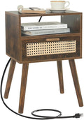 MaxSmeo Small Nightstand with Charging Station, Rattan Side Table Mid Century by MaxSmeo