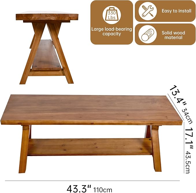 43 Inch Farmhouse Storage Bench, Rustic Solid Wood Entryway Bench - Image 2