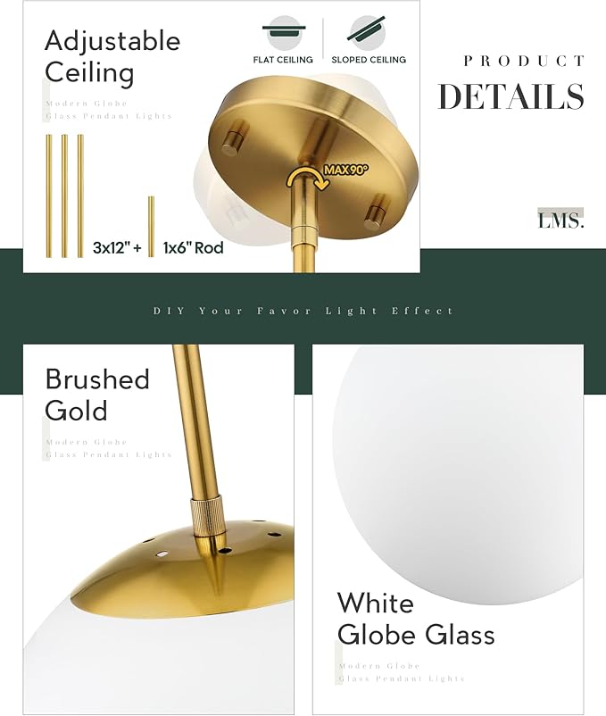 LMS 10 Inch Globe Pendant Lights, Brushed Gold Mid Century Kitchen Island Light - Image 2