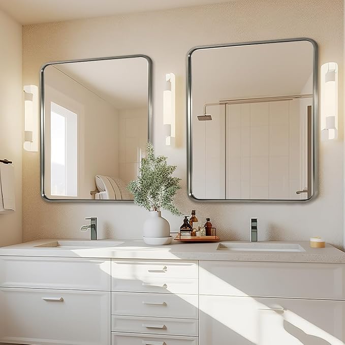 ANDY STAR 40x36 Inch Brushed Nickel Bathroom Mirror, Rounded Rectangle Bathroom - Image 8