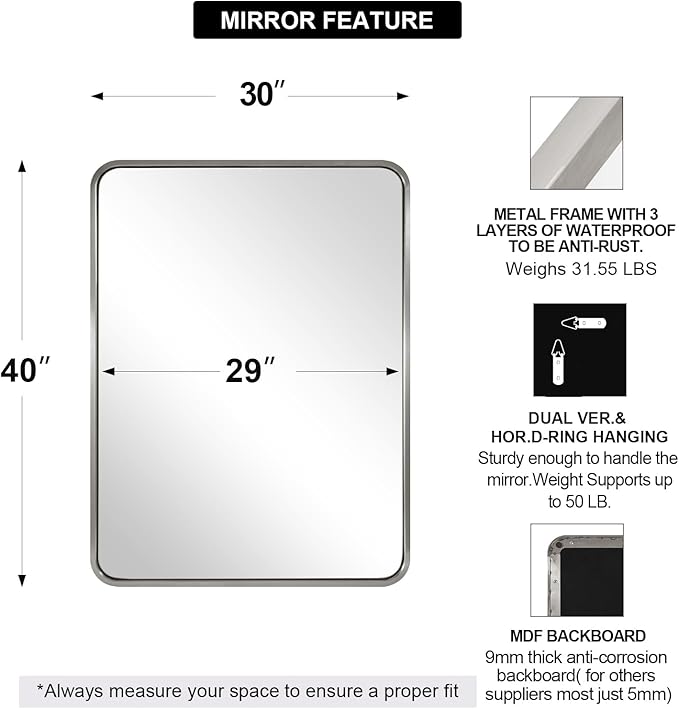 ANDY STAR Brushed Nickel Bathroom Mirror, 40”X30” Satin Nickel Mirror - Image 2