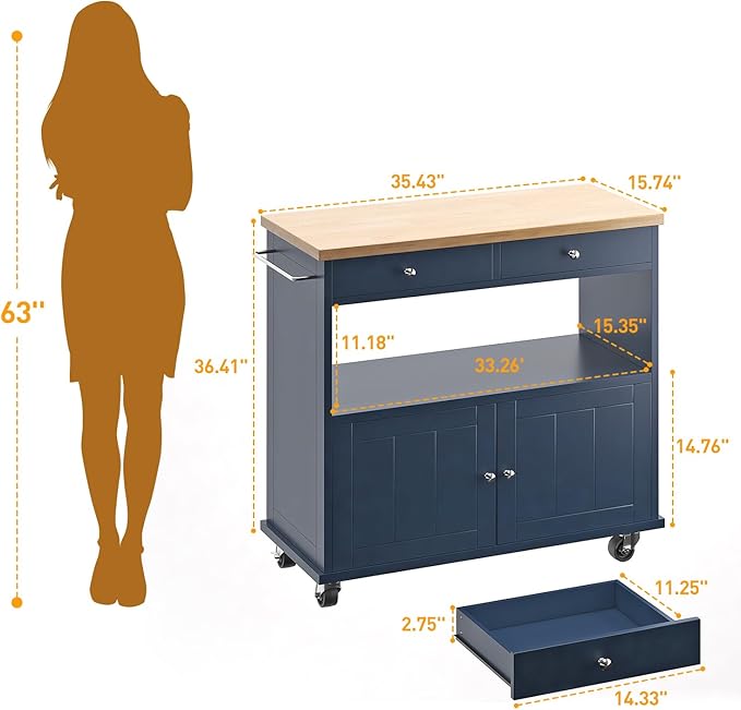 Rolling Kitchen Island with Storage Cabinet, 35.4'' Width Kitchen Cart - Image 4