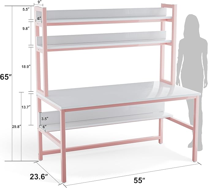 Aquzee Pink Desk with Hutch for Girls, 55in Computer Desk with Bookshelf for - Image 3