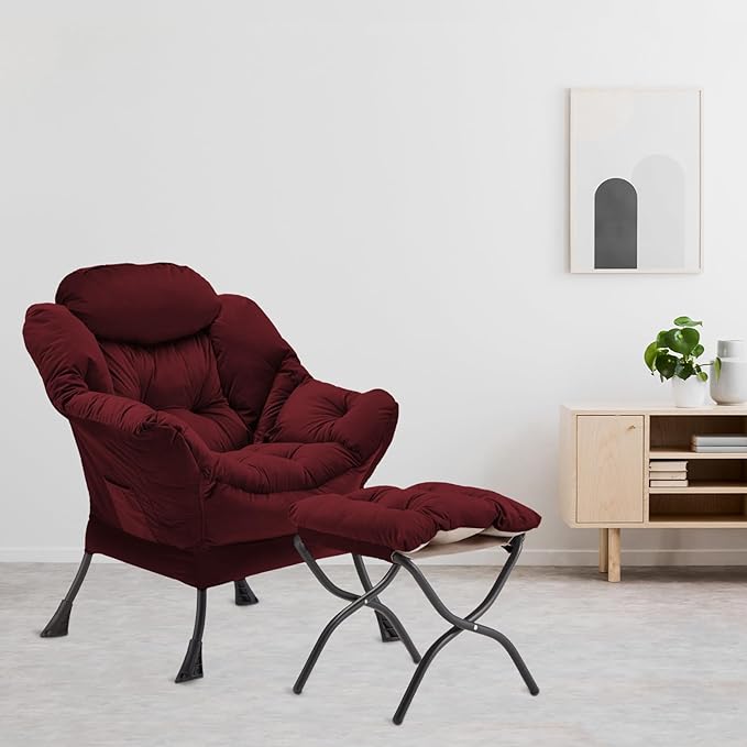 Lazy Chair with Folding Ottoman, Accent Chair Velvet Upholstered with Metal - Image 9