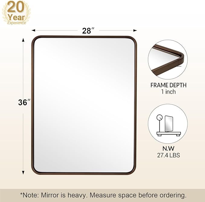 ANDY STAR 28x36 INCH Bronze Bathroom Mirror, Rounded Rectangle Oil Rubbed - Image 2