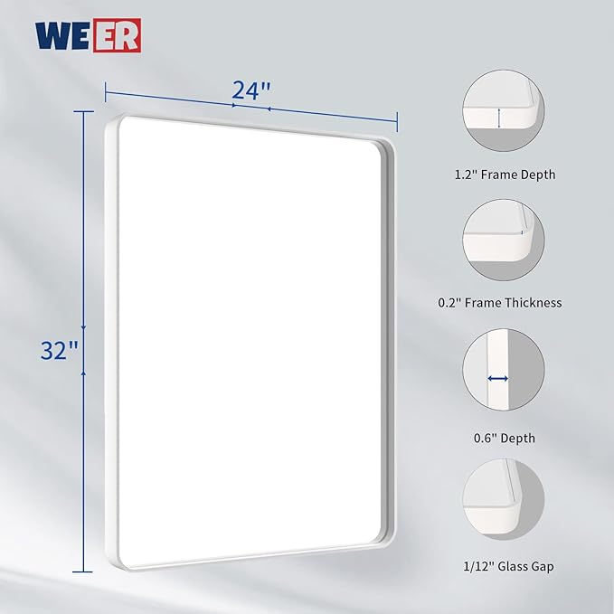 WEER White Bathroom Mirror 24X32 Inch, Rounded Rectangle White Metal Frame - Image 6