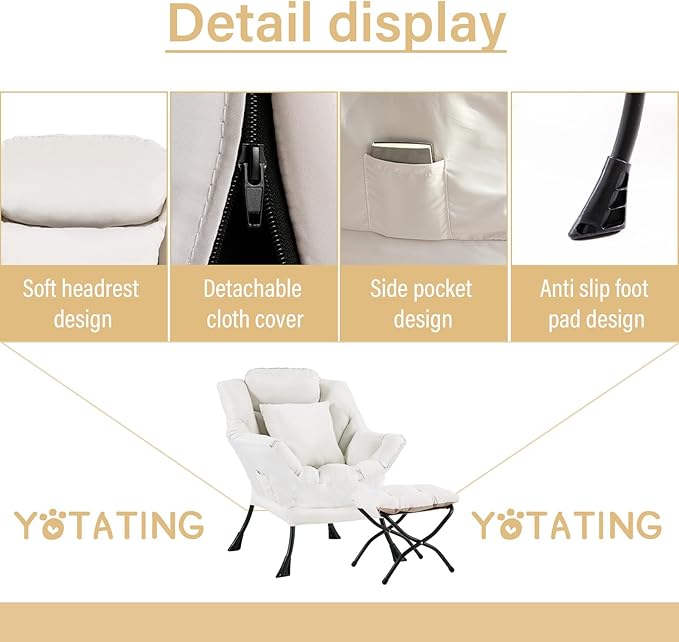 Lazy Chair with Ottoman, Comfy Reading Lounge Chair with Footstool & Throw - Image 4