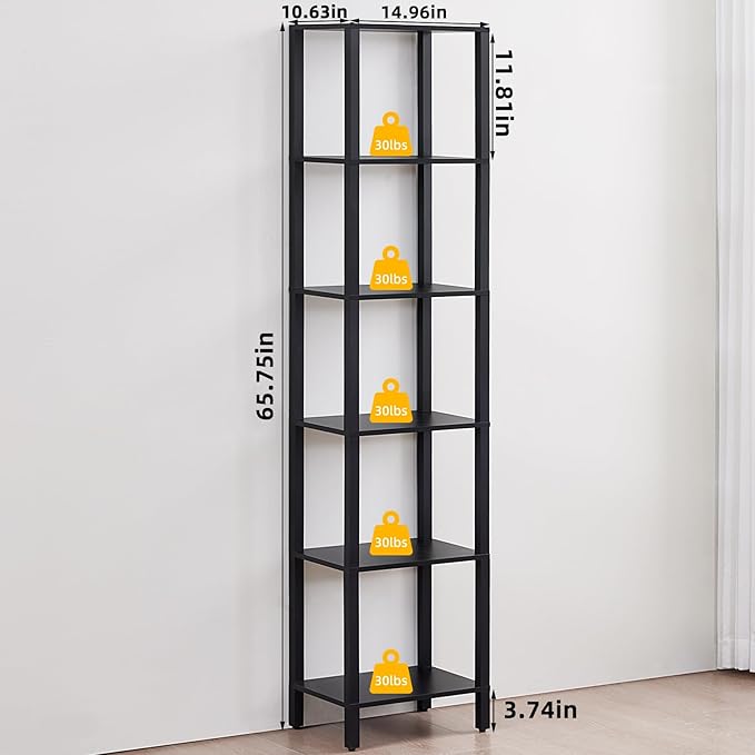66in Tall Bookshelf 6-Tier Small Narrow Bookcase, Skinny Book Shelf - Image 2