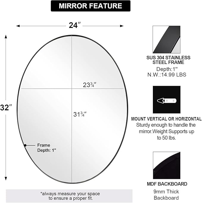 ANDY STAR Black Oval Mirror, 24x32'' Matte Black Metal Framed Oval Wall Mirror - Image 2