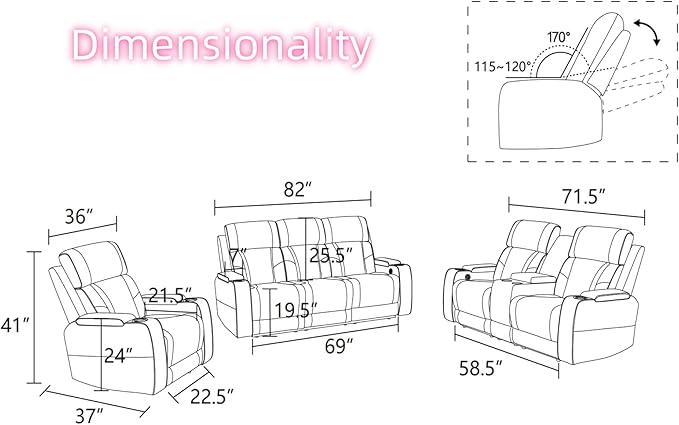 Leather Recliner Sofa Couch, 3-Seater Home Theater Seating Reclining Sofa - Image 2
