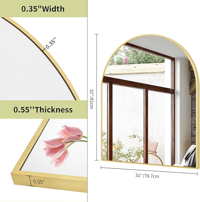 BEAUTYPEAK 31"x32" Arch Bathroom Mirror, Wall Mounted Vanity Metal Frame Mirror - Image 6