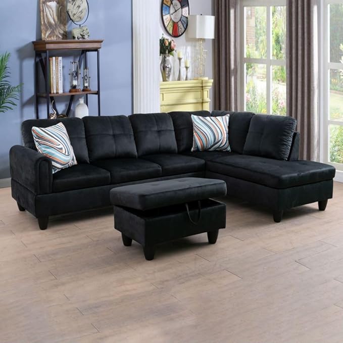 Black L-Shaped 3-Piece Flannel Sofa by Unknown