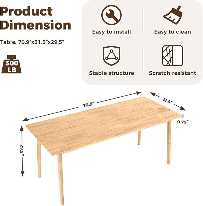 DELAVIN 70.8" Large Solid Wood Dining Table - Image 2