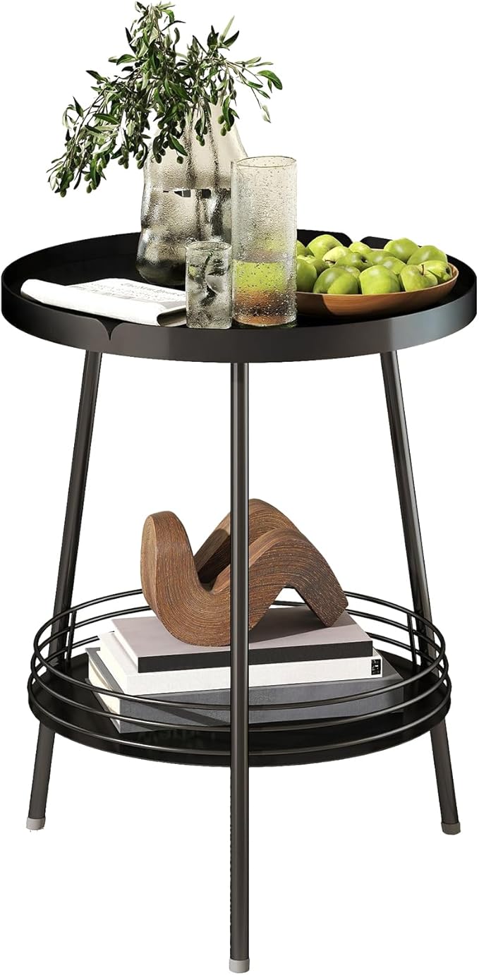 Benkyo 2 Tier Black Metal Round Side Table Tiered Two Shelf Storage Coffee Sofa by Benkyo