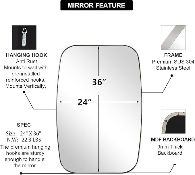 ANDY STAR Brushed Nickel Bathroom Mirror, Large 24x36’’ Brushed Nickel Metal - Image 5